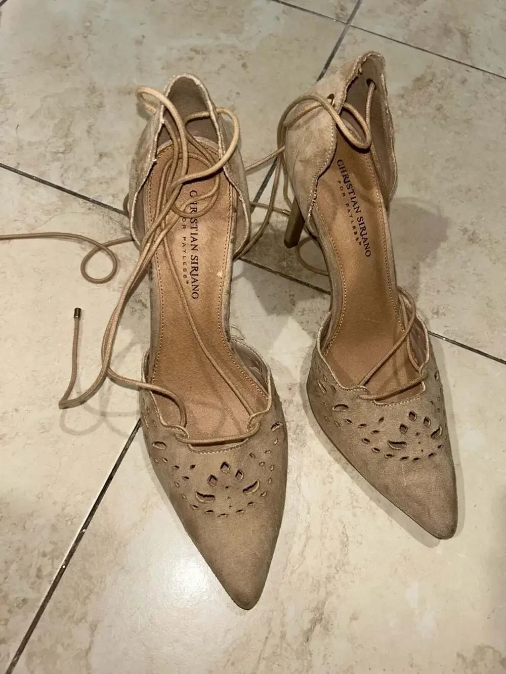 Christian Siriano for Payless Tan Suede Pointed Toe Lace-Up Stiletto Heels Size
